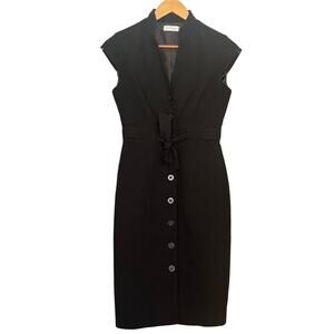 Calvin Klein Black Cap Sleeve Button Down Shirt Dress with Tie Waist Size 4